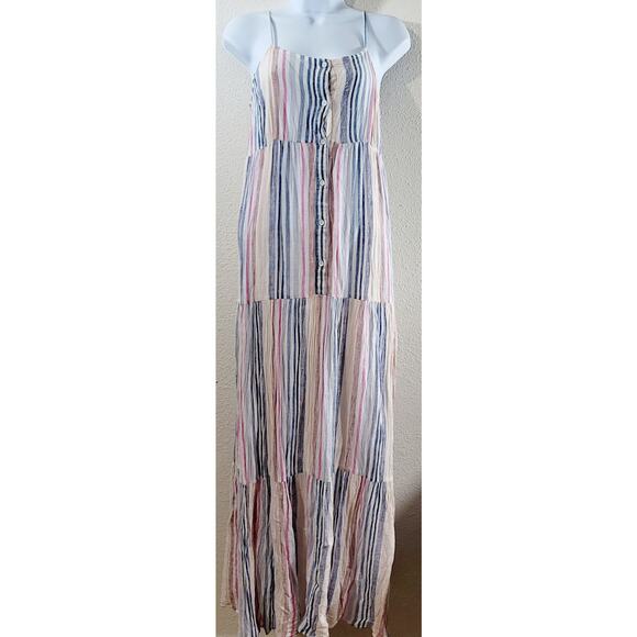 Splendid White Blue Pink Striped Promenade Button Front Maxi Dress Large Linen - Picture 1 of 6
